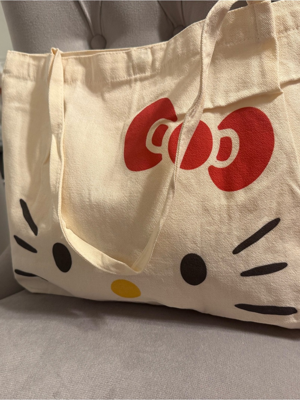 Hello Kitty Cream Canvas Tote with Red Bow and Black Accents